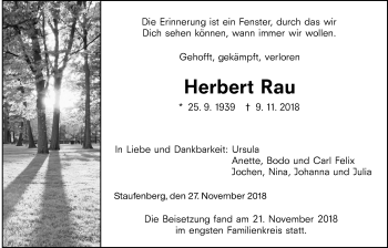Traueranzeige von Herbert Rau von Alsfelder Allgemeine, Giessener Allgemeine