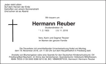Traueranzeige von Hermann Reuber von Wetterauer Zeitung, Wetterauer Zeitung