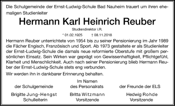 Traueranzeige von Hermann Karl Heinrich Reuber von Wetterauer Zeitung, Wetterauer Zeitung