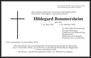 Traueranzeige von Hildegard Bommersheim von Wetterauer Zeitung, Wetterauer Zeitung