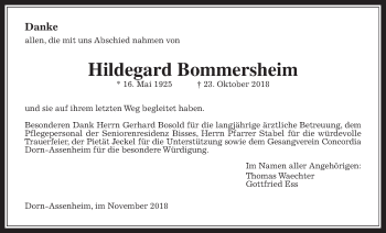 Traueranzeige von Hildegard Bommersheim von Wetterauer Zeitung, Wetterauer Zeitung