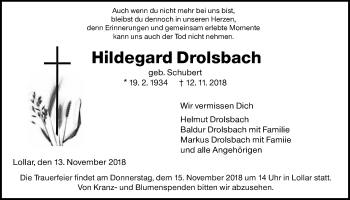 Traueranzeige von Hildegard Drolsbach von Giessener Allgemeine, Alsfelder Allgemeine