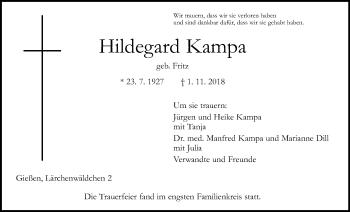 Traueranzeige von Hildegard Kampa von Giessener Allgemeine, Alsfelder Allgemeine