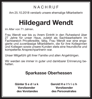 Traueranzeige von Hildegard Wendt von Wetterauer Zeitung, Wetterauer Zeitung