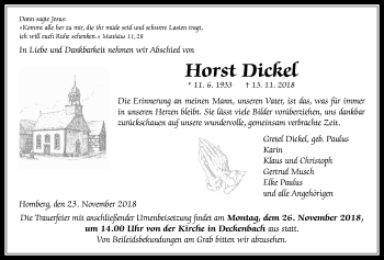 Traueranzeige von Horst Dickel von Alsfelder Allgemeine