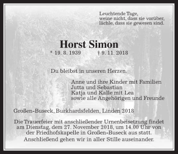 Traueranzeige von Horst Simon von Giessener Allgemeine, Alsfelder Allgemeine
