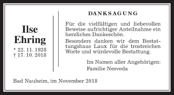 Traueranzeige von Ilse Ehring von Wetterauer Zeitung, Wetterauer Zeitung