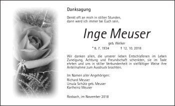 Traueranzeige von Inge Meuser von Wetterauer Zeitung, Wetterauer Zeitung