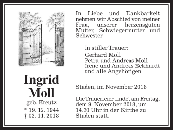 Traueranzeige von Ingrid Moll von Wetterauer Zeitung, Wetterauer Zeitung