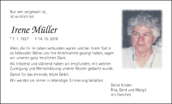 Traueranzeige von Irene Müller von Wetterauer Zeitung, Wetterauer Zeitung