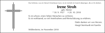 Traueranzeige von Irene Stroh von Wetterauer Zeitung, Wetterauer Zeitung