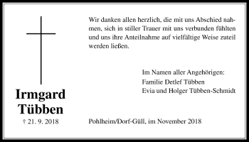 Traueranzeige von Irmgard Tübben von Pohlheimer Nachrichten