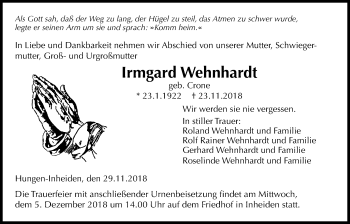 Traueranzeige von Irmgard Wehnhardt von Licher Wochenblatt, Licher Wochenblatt, Licher Wochenblatt