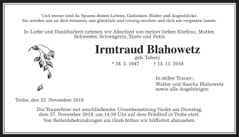 Traueranzeige von Irmtraud Blahowetz von Giessener Allgemeine, Alsfelder Allgemeine