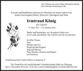 Traueranzeige von Irmtraud König von Wetterauer Zeitung, Wetterauer Zeitung