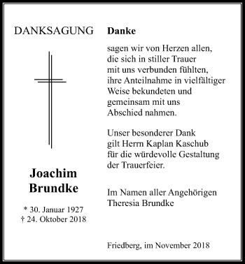 Traueranzeige von Joachim Brundke von Wetterauer Zeitung, Wetterauer Zeitung