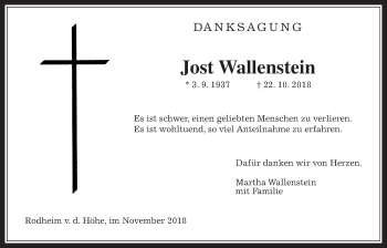 Traueranzeige von Jost Wallenstein von Wetterauer Zeitung, Wetterauer Zeitung