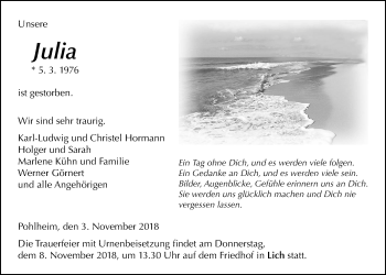 Traueranzeige von Julia Hormann von Giessener Allgemeine, Alsfelder Allgemeine