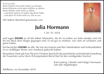Traueranzeige von Julia Hormann von Giessener Allgemeine, Alsfelder Allgemeine