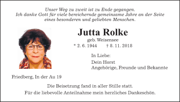 Traueranzeige von Jutta Rolke von Wetterauer Zeitung, Wetterauer Zeitung