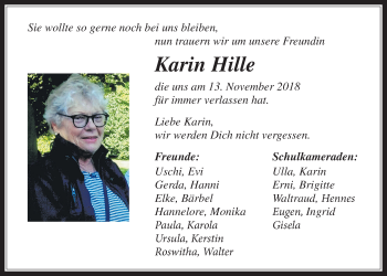 Traueranzeige von Karin Hille von Wetterauer Zeitung, Wetterauer Zeitung