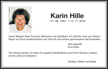 Traueranzeige von Karin Hille von Wetterauer Zeitung, Wetterauer Zeitung
