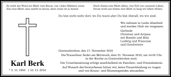 Traueranzeige von Karl Berk von Giessener Allgemeine, Alsfelder Allgemeine
