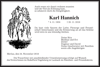Traueranzeige von Karl Hannich von Alsfelder Allgemeine