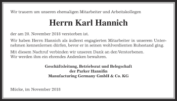 Traueranzeige von Karl Hannich von Alsfelder Allgemeine