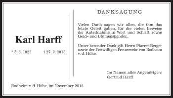 Traueranzeige von Karl Harff von Wetterauer Zeitung, Wetterauer Zeitung