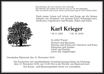 Traueranzeige von Karl Krieger von Alsfelder Allgemeine