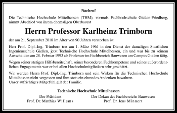 Traueranzeige von Karlheinz Trimborn von Giessener Allgemeine, Alsfelder Allgemeine