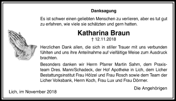 Traueranzeige von Katharina Braun von Licher Wochenblatt, Licher Wochenblatt, Licher Wochenblatt