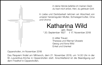 Traueranzeige von Katharina Wild von Wetterauer Zeitung, Wetterauer Zeitung