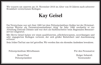 Traueranzeige von Kay Geisel von Giessener Allgemeine, Alsfelder Allgemeine
