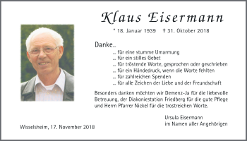 Traueranzeige von Klaus Eisermann von Wetterauer Zeitung, Wetterauer Zeitung
