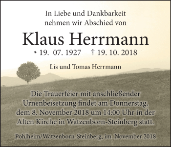 Traueranzeige von Klaus Herrmann von Pohlheimer Nachrichten