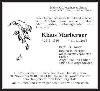 Traueranzeige von Klaus Marberger von Wetterauer Zeitung, Wetterauer Zeitung