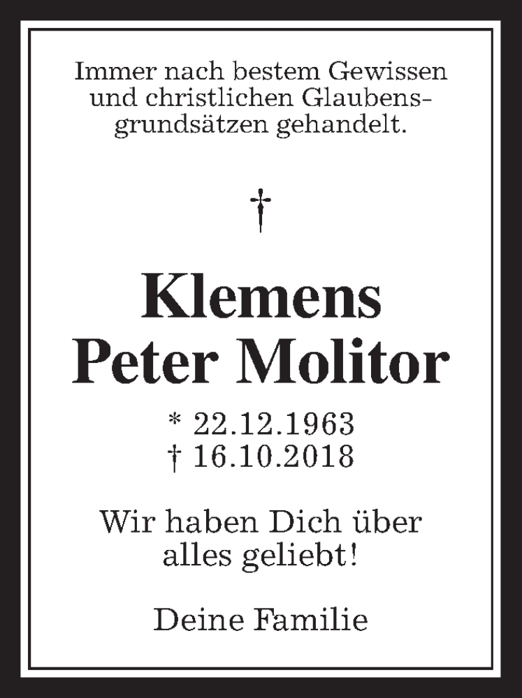  Traueranzeige für Klemens Peter Molitor vom 03.11.2018 aus Giessener Allgemeine, Alsfelder Allgemeine, Wetterauer Zeitung, Wetterauer Zeitung