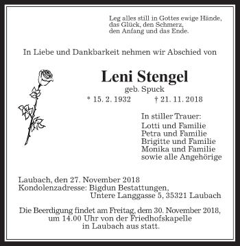 Traueranzeige von Leni Stengel von Alsfelder Allgemeine, Giessener Allgemeine