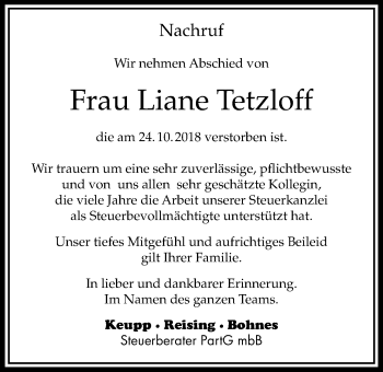 Traueranzeige von Liane Tetzloff von Wetterauer Zeitung, Wetterauer Zeitung