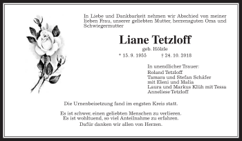 Traueranzeige von Liane Tetzloff von Wetterauer Zeitung, Wetterauer Zeitung