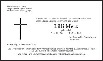 Traueranzeige von Lilli Merz von Wetterauer Zeitung, Wetterauer Zeitung