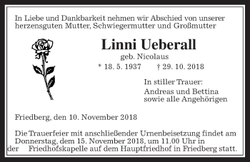 Traueranzeige von Linni Ueberall von Wetterauer Zeitung, Wetterauer Zeitung