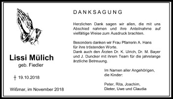 Traueranzeige von Lissi Mülich von Giessener Allgemeine, Alsfelder Allgemeine