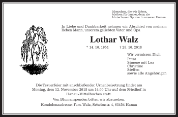 Traueranzeige von Lothar Walz von Wetterauer Zeitung, Wetterauer Zeitung