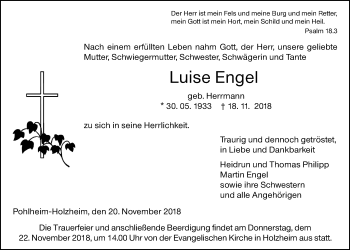 Traueranzeige von Luise Engel von Giessener Allgemeine, Alsfelder Allgemeine