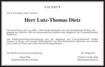 Traueranzeige von Lutz-Thomas Dietz von Giessener Allgemeine, Alsfelder Allgemeine