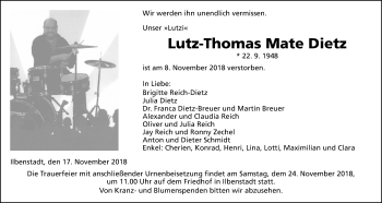 Traueranzeige von Lutz-Thomas Mate Dietz von Wetterauer Zeitung, Wetterauer Zeitung