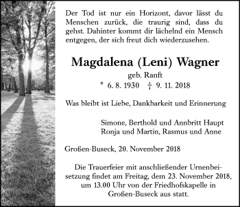 Traueranzeige von Magdalena Wagner von Giessener Allgemeine, Alsfelder Allgemeine